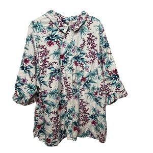 Jessica London Button Front Linen Blend Blouse Floral Size 32